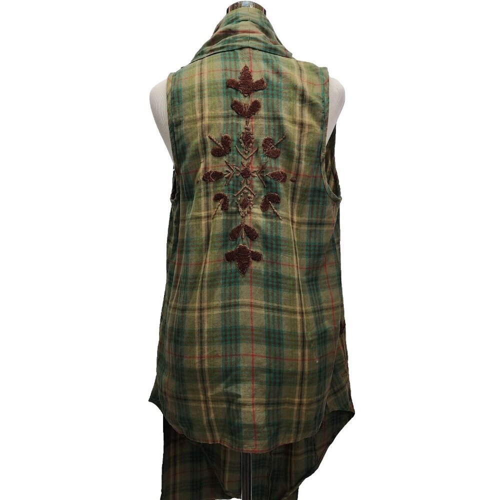 Kyla Seo Green Plaid Embroidered Open Front Sleeveless Cardigan Small EUC